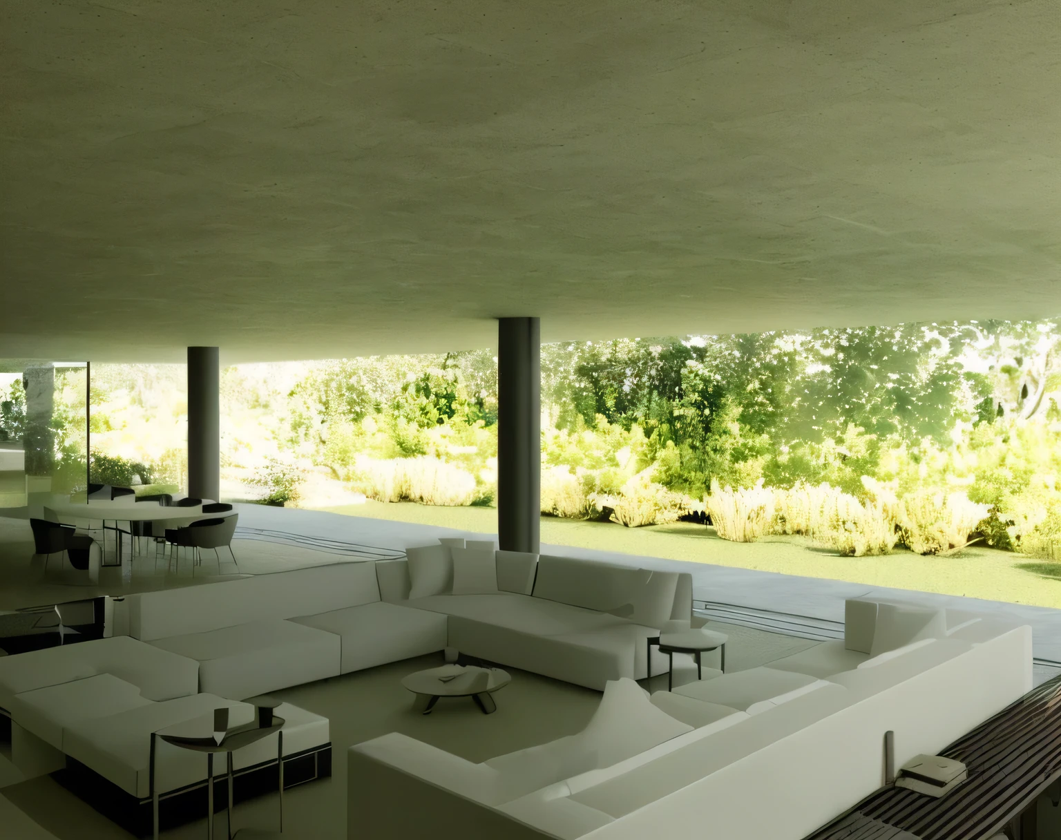 there is a big white sofa and a table in a room, green terrace, architectural rendering, vista da arquitetura de interiores, architectural rendering, photographic rendering, architectural visualization, highly photographic rendering, detail rendering, Rendering, inspirado em David Chipperfield, interior de alta tecnologia em concreto, architectural visualization, luminous rendering, architectural rendering ”, digital Rendering, architectural Rendering, digital rendering, casa conceito