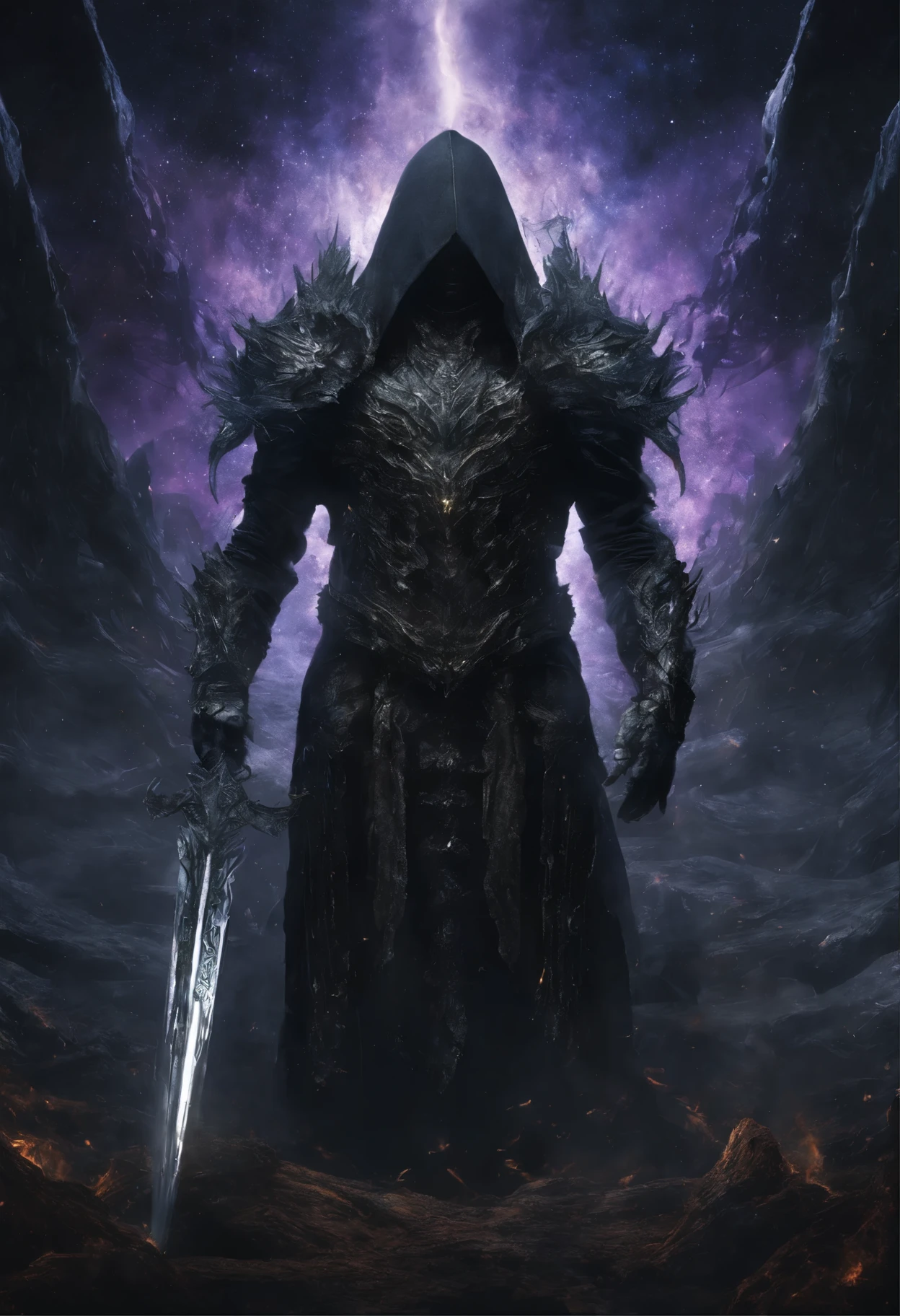 "Craft a high-resolution, ultra-detailed digital illustration featuring a 1 character embodying intense rage, wielding a dragon-killing sword imbued with cosmic dark void energy. This formidable character should be adorned in a cosmic dragon armor seamlessly fused with the same otherworldly energy. The backdrop should depict a cosmic battlefield, with destroyed planets and rifts in reality. The artwork should be of 4K or 8K resolution, ensuring meticulous attention to detail, and employing a perfect color combination to create a visually stunning yet chilling atmosphere. Capture the character's ferocity, the intricate design of the cosmic-infused sword and armor, and the cosmic chaos that surrounds them to evoke a sense of beauty amid cosmic fright, full body view, crystal clear digital art, facing camera, 4k, ultra-high detailed artwork,"