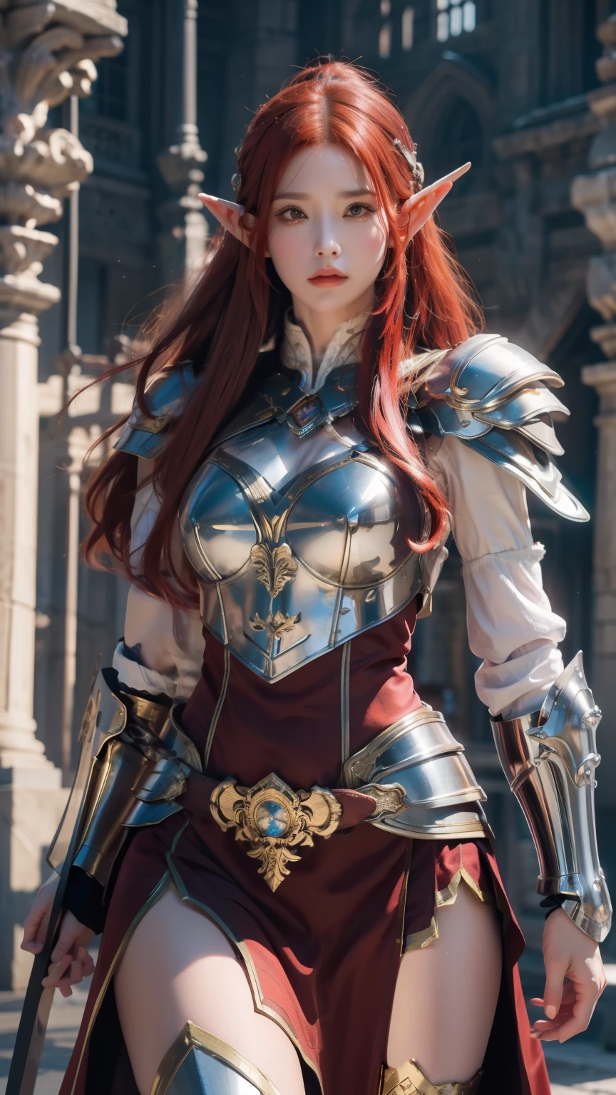 (((masterpiece)))，The best quality at its best，High resolution，8k，(masterpiece:1.2), (highest quality:1.2), Perfect Eyes, Perfect Face, Volumetric lighting, One girl, 成熟したWoman warrior, Mature Woman, armor, Robe,, Shoulder rest, Club, belt, Fantasy, Outdoor, Detailed Background, compensate, lipstick, eye shadow, mascara, Thick eyelashes、whole body、whole body、Long skirt、((Delicate hands holding a sword)),breastplate,(((Red Hair)))、((Serious face))、(((Elf Woman)))、(Woman warrior)，Photo pose，Medieval characters、中世Fantasyスタイル，Background of the ancient city，oc rendering reflection texture、Uplifting、