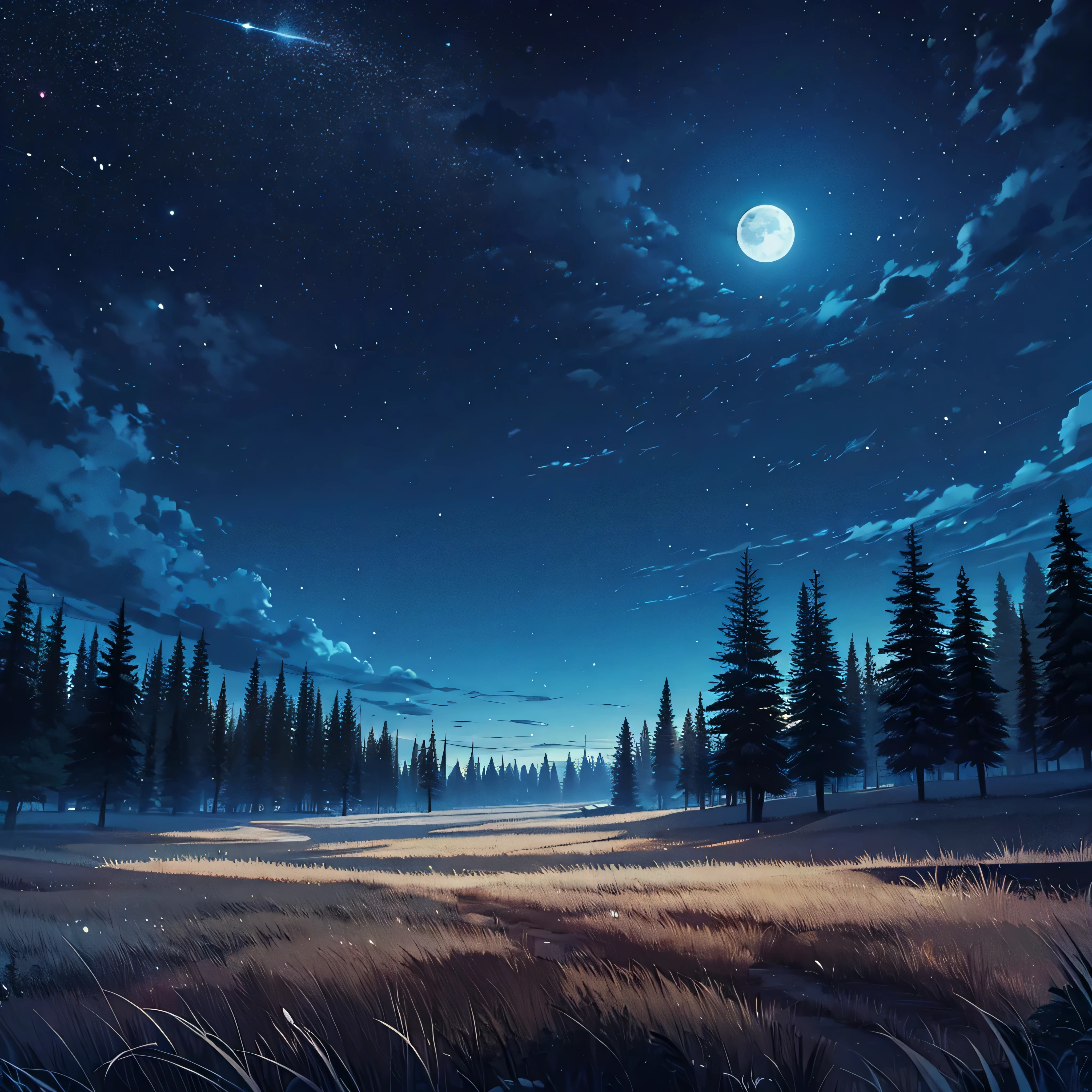 Canary night, montanhas distantes, pine trees, campo aberto e lugar amplo, flat land, animation style, 2D, animation,