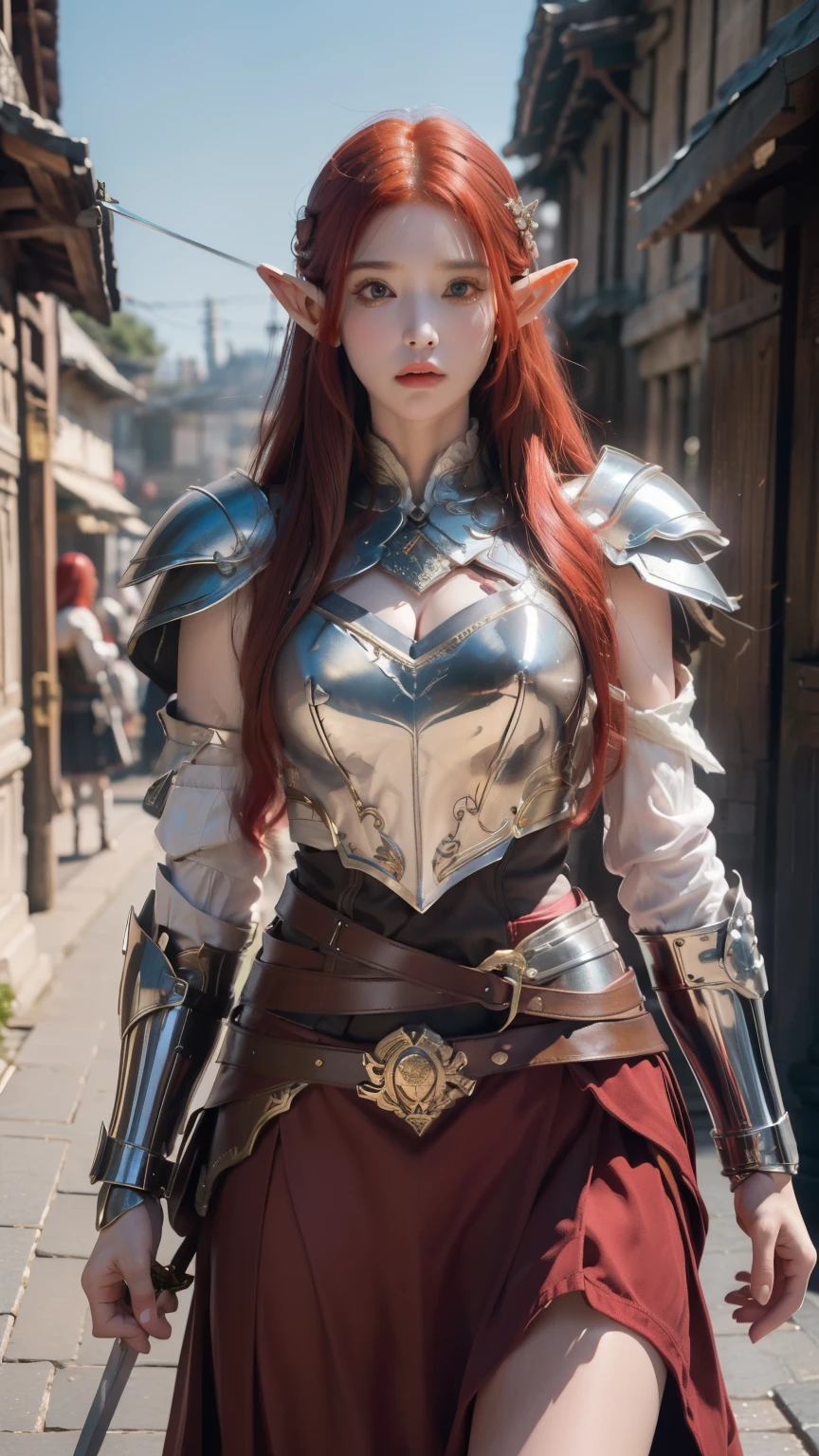 (((masterpiece))),The best quality at its best,High resolution,8k,(masterpiece:1.2), (highest quality:1.2), Perfect Eyes, Perfect Face, Volumetric lighting, One girl, 成熟したWoman warrior, Mature Woman, armor, Robe,, Shoulder rest, Club, belt, Fantasy, Outdoor, Detailed Background, compensate, lipstick, eye shadow, mascara, Thick eyelashes、whole body、whole body、Long skirt、((Delicate hands holding a sword)),breastplate,(((Red Hair)))、((Serious face))、(((Elf Woman)))、(Woman warrior),Photo pose,Medieval characters、中世Fantasyスタイル,Background of the ancient city,oc rendering reflection texture、Uplifting、