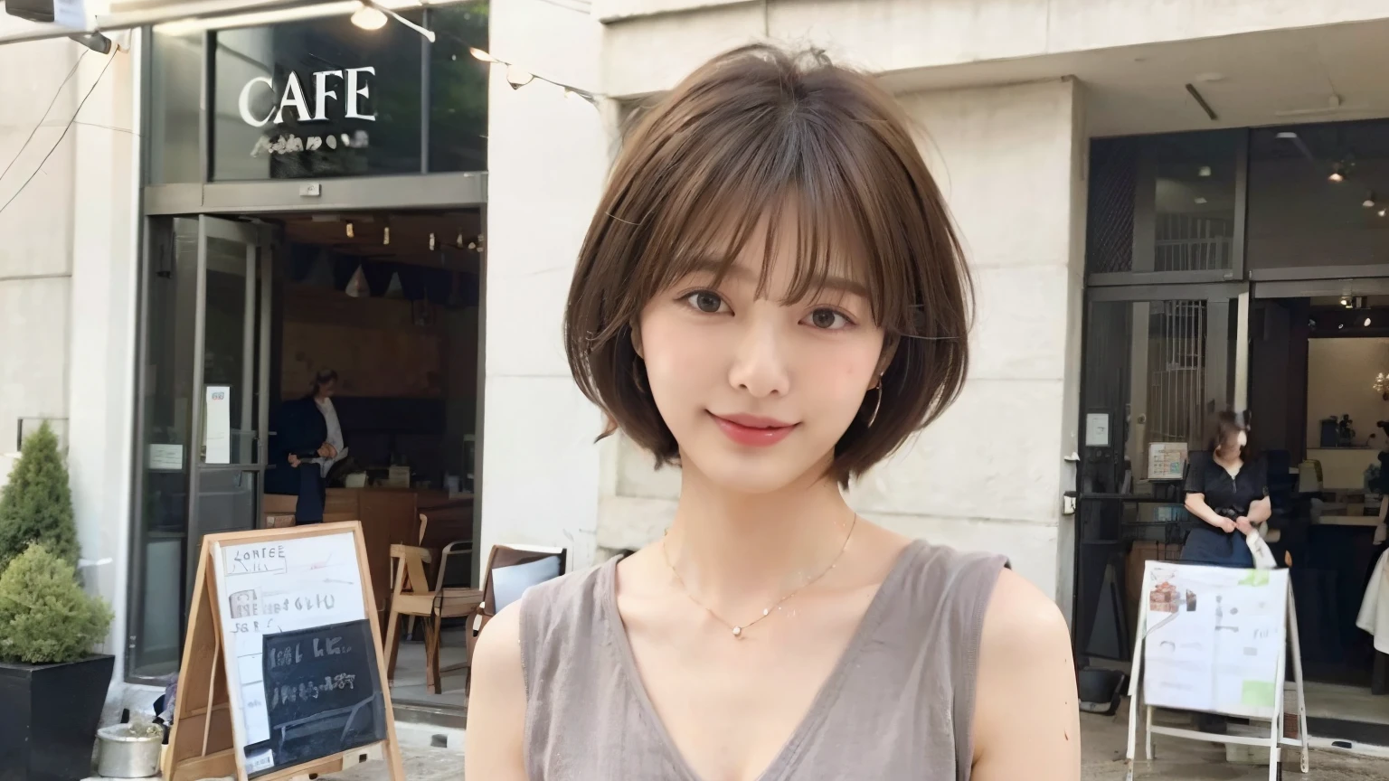 super high quality, Short Hair, Slender, Gravure photoshoot, The staff is working at the counter in the back., (8k、RAW Photos、highest quality、masterpiece:1.2), Shaggy, Stylish café, The cafe is crowded with people enjoying themselves., (Realistic、Photorealistic:1.37), Mesh Hair, Urban Cafe, Golden Ratio, Raw photo, Light Brown Hair, Earrings, Small breasts, Bright cafe interior, Beauty salon model, Spring Clothes, Famous actress, Beauty, necklace, Cafe Terrace, Open Cafe, 28 years old, A kind smile, Hair blowing in the wind, Neat clothes,