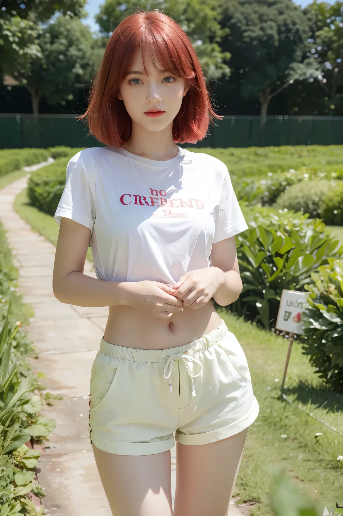 best quality, ultra high res, 1 girl, red hair, green eyes, short and thin body, wearing a white shirt and shorts, ((shy expression)), strawberry field