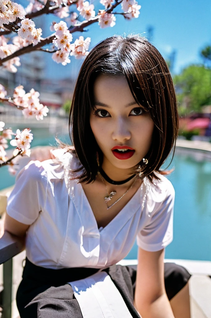 19 years old,1 cute girl,black mini skirt,white camisole,spread legs,stoop down,wet body,split tongue,cute face,tongue out,long hair,hair,eyes,background color,from below,from front,necklace,cherry blossoms,sorrow,masterpiece, extremely fine and beautiful,masterpiece,japanese,fashion model