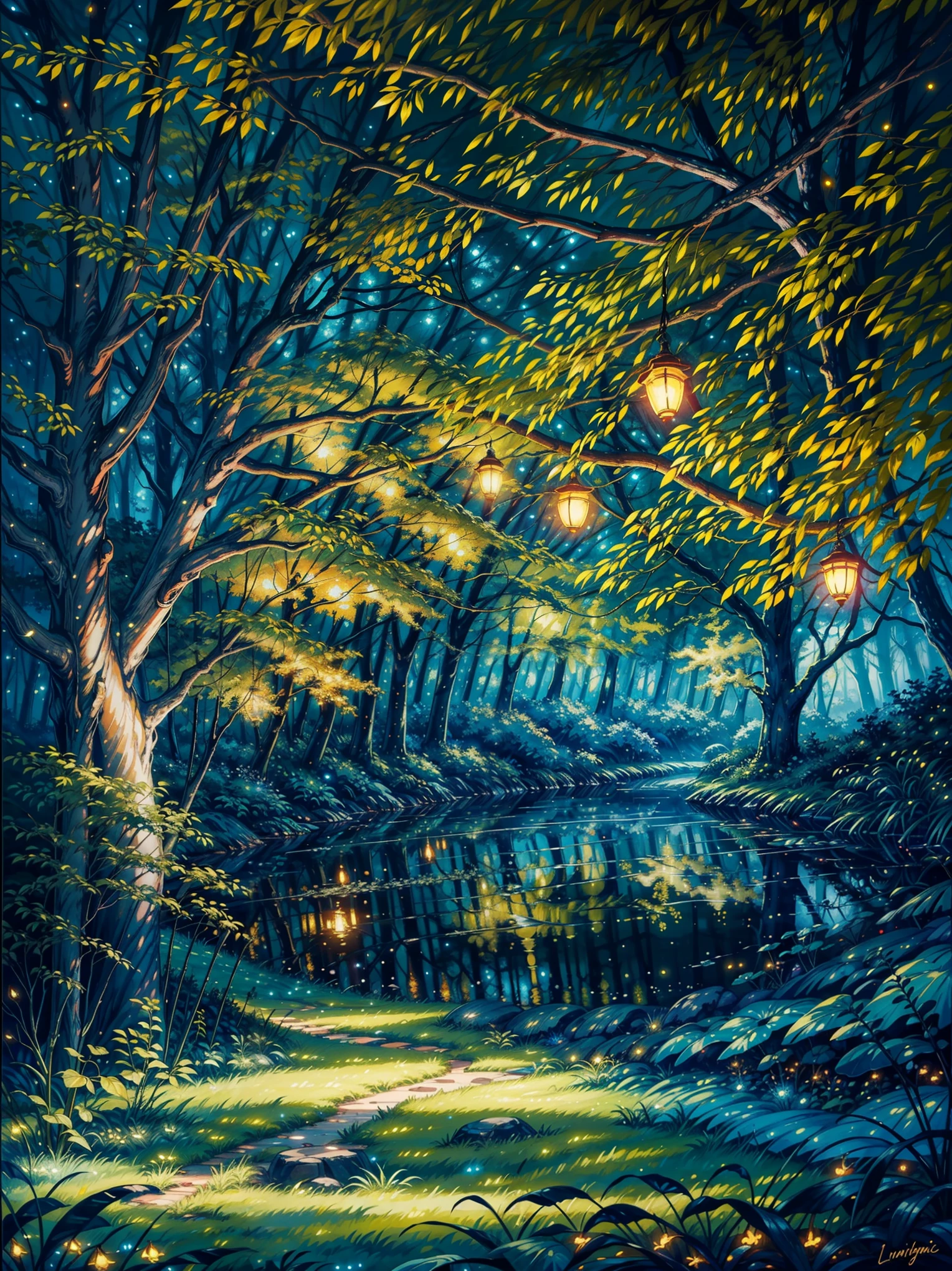 a painting of a tree with lights hanging from it's branches, luminescent oil painting, vibrant gouache painting scenery, nighttime nature landscape, golden orbs and fireflies, dim painterly lighting aquatic, firefly forest at night, lothlorien at night, magical forest with fireflies, blue fireflies, intricate oil pastel glow, glowing fireflies