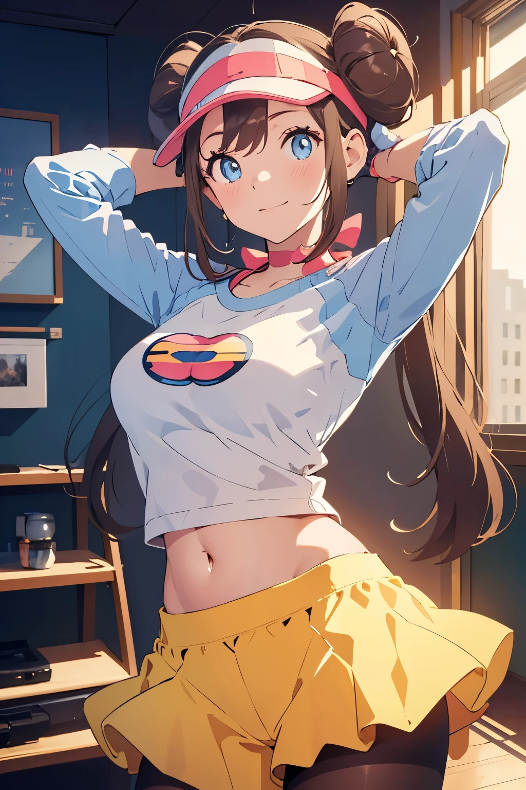 RO1, Hair Bun, smile, Close one eye:1.8, Put your arms behind your head:1.4, belly button, Long Hair:1.4, Visor Cap, pantyhose, Raglan sleeves, Yellow shorts, shirt, Pink ribbon, blue eyes, Twin tails, Cowboy Shot, One girl, alone, (masterpiece:1.6, highest quality), 8k, Insane Details, Intricate details, Super detailedな, super high quality, High detail, Super detailed, Professional, High resolution, ray tracing reflection, Cinema Lighting,