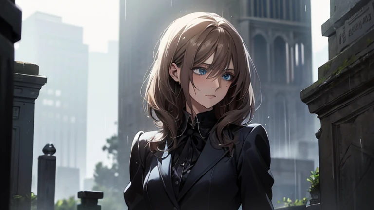 (highest quality,High resolution,Very detailed),1 girl, Beautiful and elegant light blue eyes, Brown Hair, Cold Smile,Medium Hair, Wearing a suit,secretary, Mature Woman, Age 25,Expressionless, Sad,Calm, Slim figure,Small breasts, Pale complexion, thin, Calm, Bowing in front of a gravestone,In a downpour,profile,Mournful,soaked,Like crying