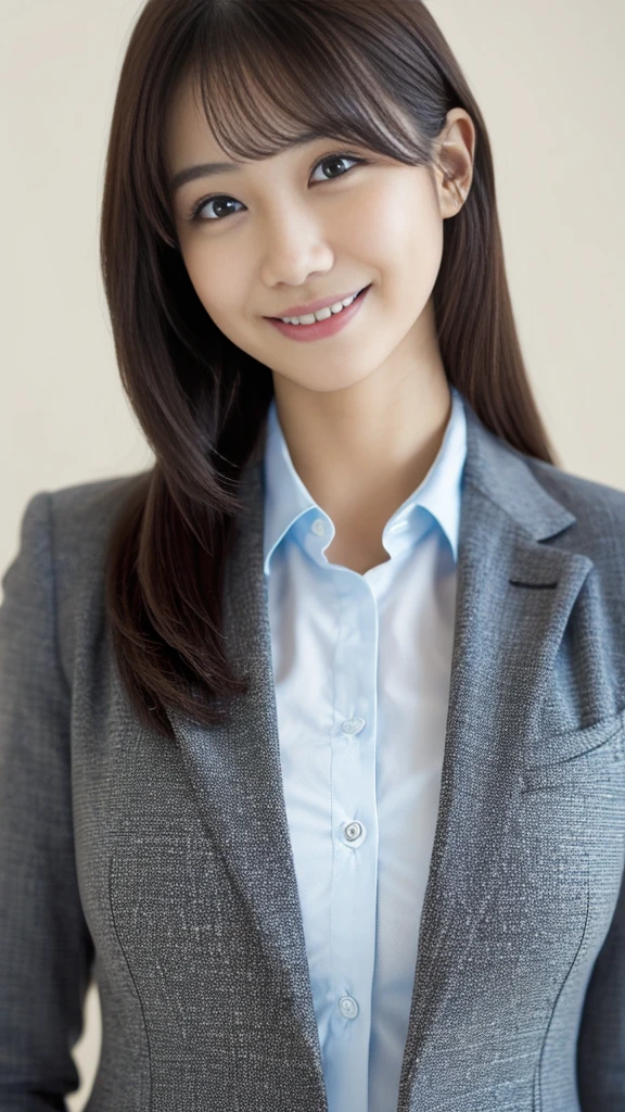 ((1 girl)), Very beautiful Japanese idol portraits, (RAW Photos, highest quality), (Realistic, Realistic:1.4), (masterpiece), Very delicate and beautiful, Very detailed, 2k wallpaper, wonderful, finely, Very detailed CG Unity 8K 壁紙, Very detailed, High resolution, Soft Light, Beautiful detailed girl, Very detailed目と顔, Beautiful and detailed nose, finelyて美しい目, Cinema Lighting, (Simple light color background:1.3), (Long Hair), (Parted bangs), Complete Anatomy, Slender body, Small breasts, smile, ((Full body shot)), ((banker)), (business suit),(Panty lines),Sexy pose,Vibrant,((secretary)),Slender,