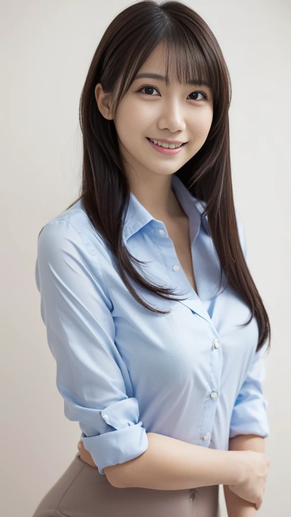 ((1 girl)), Very beautiful Japanese idol portraits, (RAW Photos, highest quality), (Realistic, Realistic:1.4), (masterpiece), Very delicate and beautiful, Very detailed, 2k wallpaper, wonderful, finely, Very detailed CG Unity 8K 壁紙, Very detailed, High resolution, Soft Light, Beautiful detailed girl, Very detailed目と顔, Beautiful and detailed nose, finelyて美しい目, Cinema Lighting, (Simple light color background:1.3), (Long Hair), (Parted bangs), Complete Anatomy, Slender body, Small breasts, smile, ((Full body shot)), ((banker)), (business suit),(Panty lines),Sexy pose,Vibrant,((secretary)),Slender,