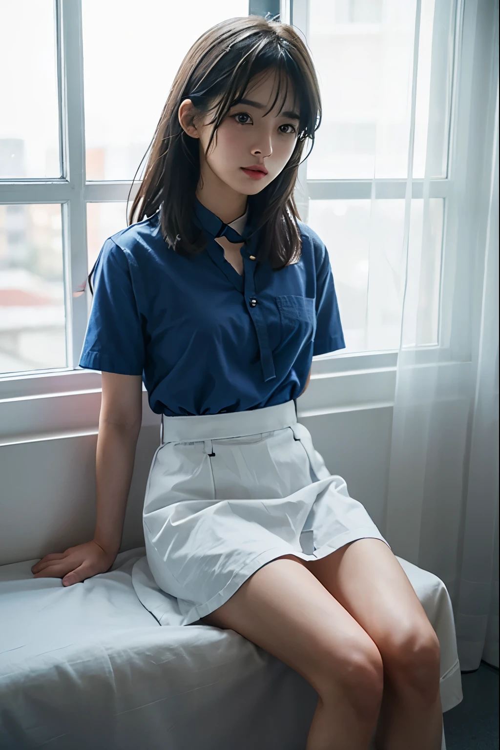 A cute girl is confined and tied up、In a room with the lights on at night、White under the blue skirt、Red short sleeve shirt、Sit with your feet together and forward、Beauty、30 years old、Medium build、Outside the window is night、