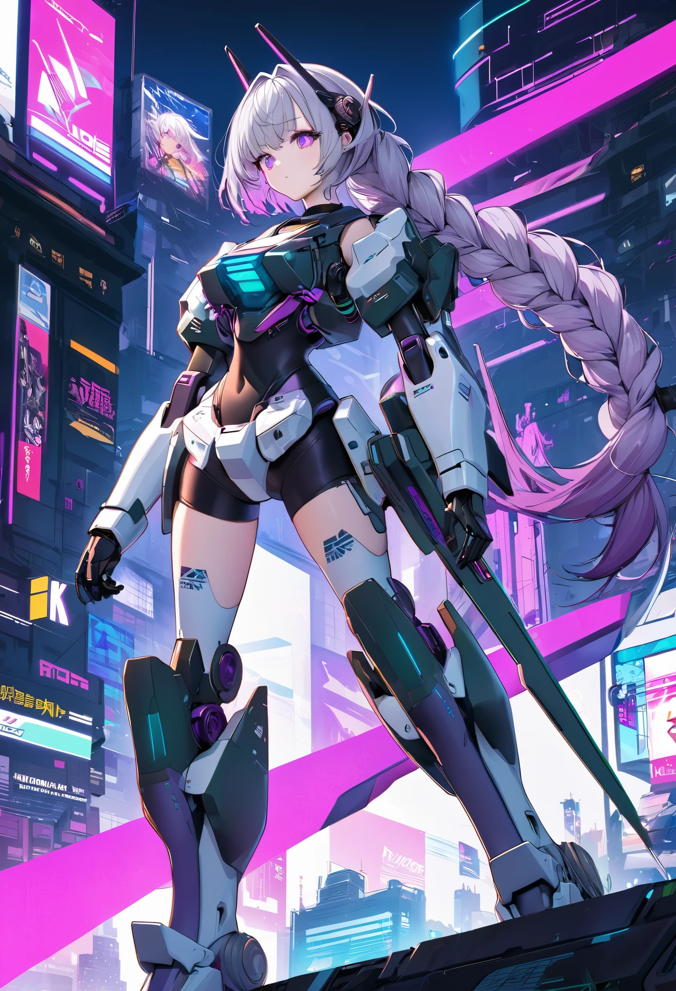 yinji,1 Girl,Solitary,purple_hair,purple_Eye,Mecha,Vaporwave,Cyberpunk,National Tide,EVA,miHoYo,Very_long_hair,grey_hair,Braided_Ponytail,slope_hair,
