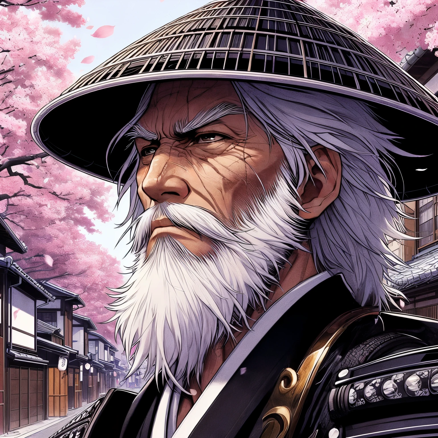 personnage d'anime avec barbe blanche et chapeau devant un cerisier, samurai portrait, Portrait d'Onmyoji, portrait d'A samurai, Art detail of the personnages d'anime, Masamune Shiro, dressed in'an old samurai uniform, detailed digital animated art, very detailed official illustration, inspiré par Fujishima Takeji, Meilleur fond d'screen anime 4k konachan, Feudal art of Japan