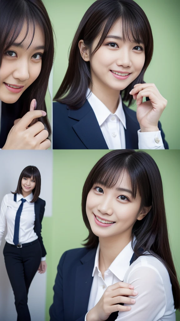 ((1 girl)), Very beautiful Japanese idol portraits, (RAW Photos, highest quality), (Realistic, Realistic:1.4), (masterpiece), Very delicate and beautiful, Very detailed, 2k wallpaper, wonderful, finely, Very detailed CG Unity 8K 壁紙, Very detailed, High resolution, Soft Light, Beautiful detailed girl, Very detailed目と顔, Beautiful and detailed nose, finelyて美しい目, Cinema Lighting, (Simple light color background:1.3), (Long Hair), (Parted bangs), Complete Anatomy, Slender body, Small breasts, smile, ((Full body shot)), ((banker)), (business suit),(Panty lines),Sexy pose,Vibrant,((secretary)),Slender,
