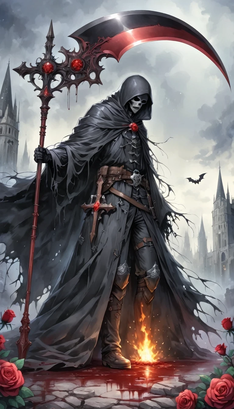 (Messenger from hell:1.4),Grim Reaper with a giant scythe,Viewpoint from below,hell,magma,flame,(Purple flame:1.3),There is fresh Blood on the ground,Blood pool,dripping Blood,Gothic aesthetics,bat、Rose、castle、cross、Blood、Churchyard, etc...,These elements reflect the mysterious feeling of Gothic style.、stately、Deep Functionality。Gothic style,Gothic style,on the theme of,cloak、Rose symbolizes romance、grave、Reaper、ruins、Gothic cathedrals, etc.,Common elements of Gothic symbols。