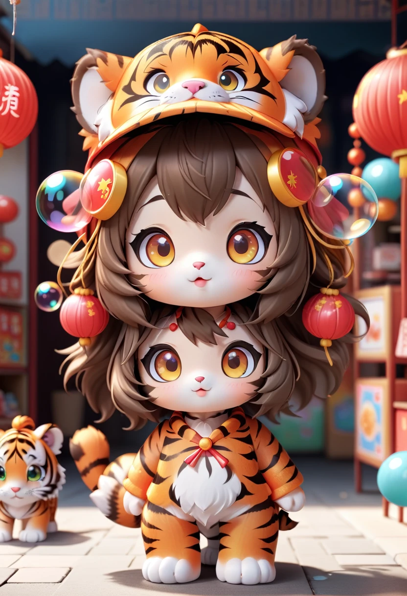 Wearing a Chinese tiger hat, Bright Eyes, Bubble Mart Blind Box, 3d rendering，hairy, cute girl