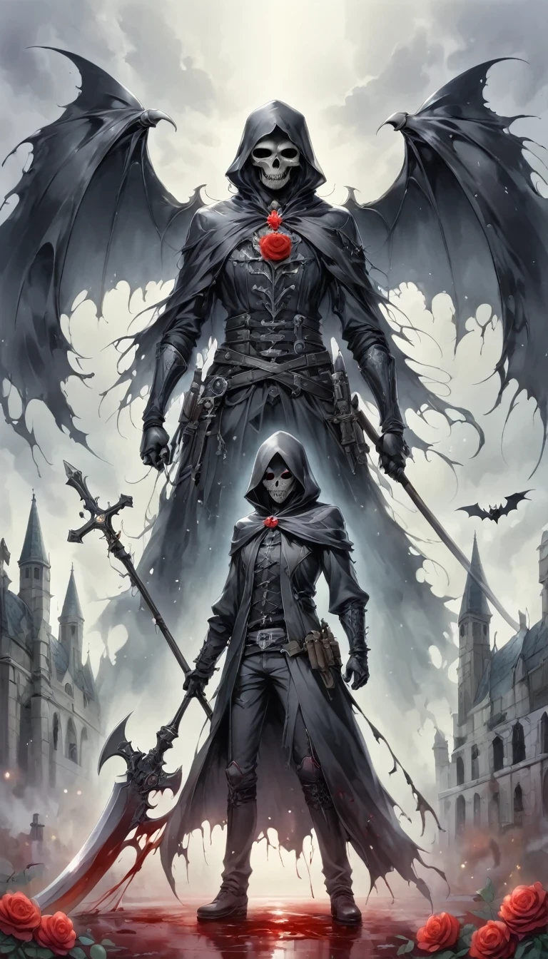(Messenger from hell:1.4),Grim Reaper with a giant scythe,Viewpoint from below,hell,magma,flame,(Purple flame:1.3),There is fresh Blood on the ground,Blood pool,dripping Blood,Gothic aesthetics,bat、Rose、castle、cross、Blood、Churchyard, etc...,These elements reflect the mysterious feeling of Gothic style.、stately、Deep Functionality。Gothic style,Gothic style,on the theme of,cloak、Rose symbolizes romance、grave、Reaper、ruins、Gothic cathedrals, etc.,Common elements of Gothic symbols。