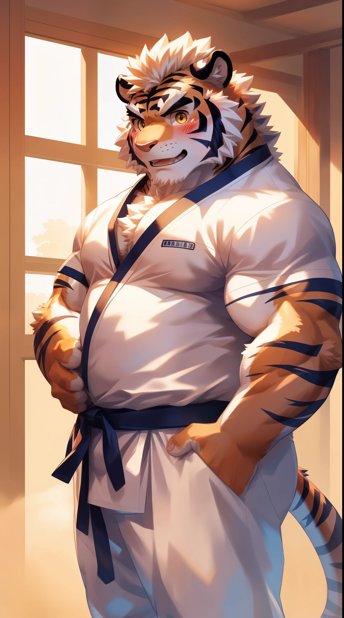 Solitary, anthropology, hairy, hairy male, Tiger, ((Fluffy fur, Fluffy, hairy body)), (Tiger印), (short beard), youth, muscular, White skin, White big muscle, Golden pupils, de-tailed teeth, defaced face, Fundos, Karate Master, White costume, Black belt,pink tit clusters, Standing in the training room, Small bump, (Hands in pockets), Shy expression, blush, Golden pupils, (Look at the audience), Clear facial features, Strong, (Side bottom view:1.4), majestic, solitary, Full body image, Fog atmosphere, early morning, Tyndall rays, (through empty ghost, From tiger26, masterpiece, high quality, high resolution,8k), permanent, Full body portrait, (Vision), indoor