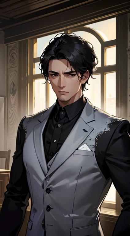 (best quality, masterpiece, 8K, photorealistic, cinematic lighting, hdr image, ultra detailed, beautiful image), 1 man, mature, very handsome, serious expression, short black hair, black eyes, arranging suit