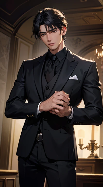 (best quality, masterpiece, 8K, photorealistic, cinematic lighting, hdr image, ultra detailed, beautiful image), 1 man, mature, very handsome, serious expression, short black hair, black eyes, arranging suit