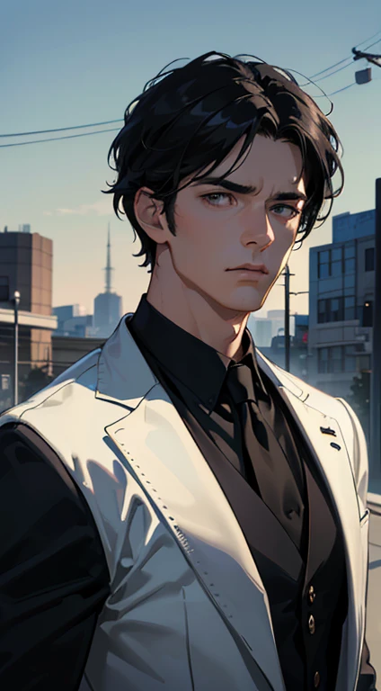 (best quality, masterpiece, 8K, photorealistic, cinematic lighting, hdr image, ultra detailed, beautiful image), 1 man, mature, very handsome, serious expression, short black hair, black eyes, arranging suit