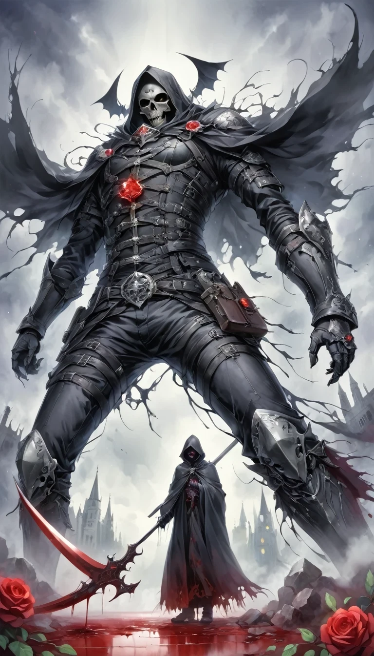 (Messenger from hell:1.4),Grim Reaper with a giant scythe,Viewpoint from below,hell,magma,flame,(Purple flame:1.3),There is fresh Blood on the ground,Blood pool,dripping Blood,Gothic aesthetics,bat、Rose、castle、cross、Blood、Churchyard, etc...,These elements reflect the mysterious feeling of Gothic style.、stately、Deep Functionality。Gothic style,Gothic style,on the theme of,cloak、Rose symbolizes romance、grave、Reaper、ruins、Gothic cathedrals, etc.,Common elements of Gothic symbols。