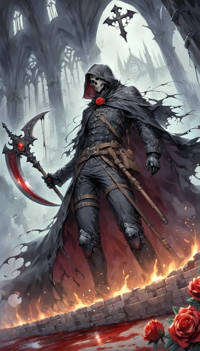 （Messenger from hell：1.4），Grim Reaper with a giant scythe，Viewpoint from below，hell，magma，flame，（Purple flame：1.3），There is fresh Blood on the ground，Blood pool，dripping Blood，Gothic aesthetics,bat、Rose、castle、cross、Blood、Churchyard, etc...，These elements reflect the mysterious feeling of Gothic style.、stately、Deep Functionality。Gothic style，Gothic style，on the theme of，cloak、Rose symbolizes romance、grave、Reaper、ruins、Gothic cathedrals, etc.,Common elements of Gothic symbols。