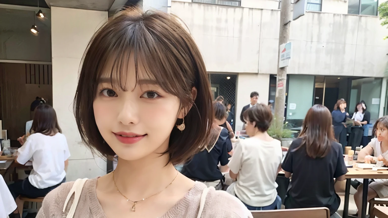 super high quality, Short Hair, Slender, Gravure photoshoot, The staff is working at the counter in the back., (8k、RAW Photos、highest quality、masterpiece:1.2), Japanese Idol, Shaggy, Stylish café, The cafe is crowded with people enjoying themselves., (Realistic、Photorealistic:1.37), Mesh Hair, Urban Cafe, Golden Ratio, Raw photo, Cute face , Light Brown Hair, Earrings, Small breasts, Bright cafe interior, Beauty salon model, Spring Clothes, necklace, Spoiled, Cafe Terrace, Open Cafe, A kind smile, Hair blowing in the wind, Neat clothes, T-Shirts, 18-year-old, 
