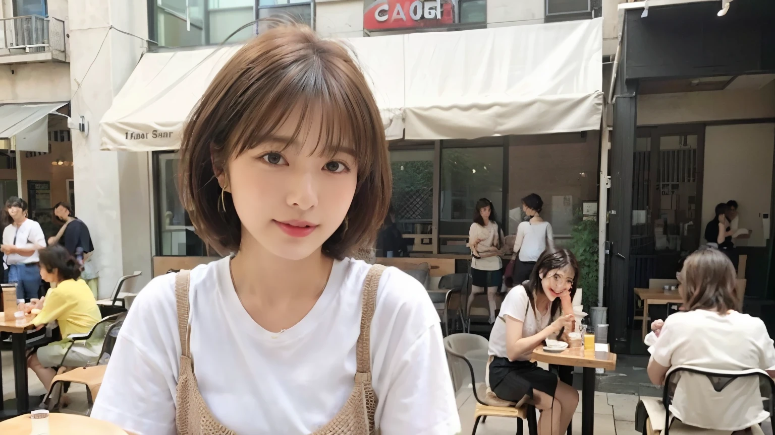 super high quality, Short Hair, Slender, Gravure photoshoot, The staff is working at the counter in the back., (8k、RAW Photos、highest quality、masterpiece:1.2), Japanese Idol, Shaggy, Stylish café, The cafe is crowded with people enjoying themselves., (Realistic、Photorealistic:1.37), Mesh Hair, Urban Cafe, Golden Ratio, Raw photo, Cute face , Light Brown Hair, Earrings, Small , Bright cafe interior, Beauty salon model, Spring Clothes, necklace, Spoiled, Cafe Terrace, Open Cafe, A kind smile, Hair blowing in the wind, Neat clothes, T-Shirts, 18-year-old,