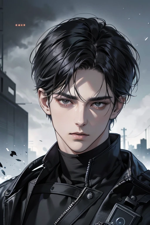 (best quality detailed image beautiful image 8K photorealistic dramatic lighting 1:1) (digital art digital illustration) (camera focused on face) (cold colors dim lighting) Art Manhwa 29 year old man very handsome black hair black clothes black eyes (piercing gaze cold expression perfect face perfect lines) walking in a chaotic dystopia setting