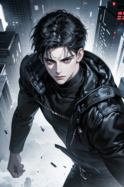 (best quality detailed image beautiful image 8K photorealistic dramatic lighting 1:1) (digital art digital illustration) (camera focused on face) (cold colors dim lighting) Art Manhwa 29 year old man very handsome black hair black clothes black eyes (piercing gaze cold expression perfect face perfect lines) walking in a chaotic dystopia setting