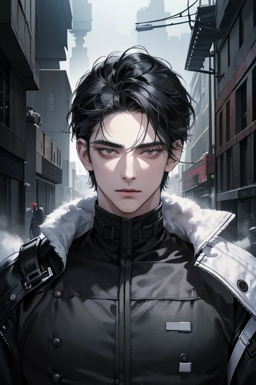 (best quality detailed image beautiful image 8K photorealistic dramatic lighting 1:1) (digital art digital illustration) (camera focused on face) (cold colors dim lighting) Art Manhwa 29 year old man very handsome black hair black clothes black eyes (piercing gaze cold expression perfect face perfect lines) walking in a chaotic dystopia setting