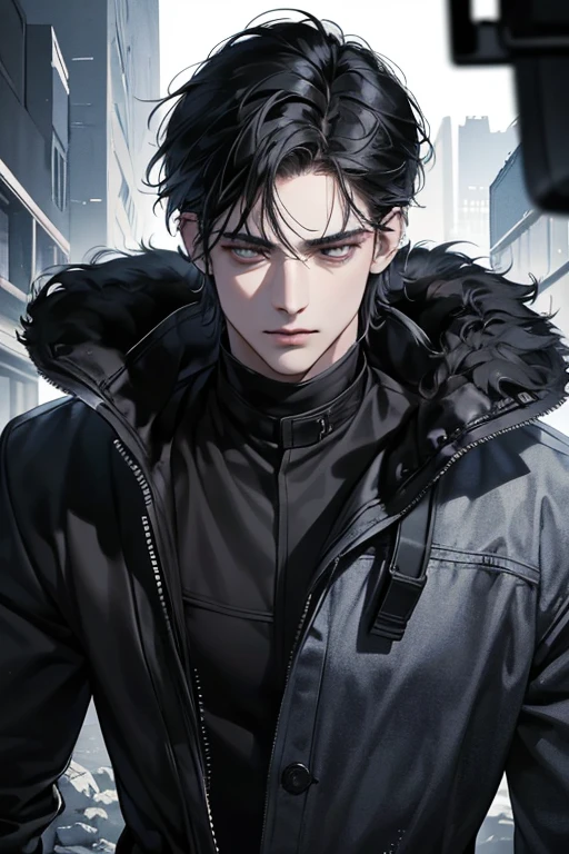 (best quality detailed image beautiful image 8K photorealistic dramatic lighting 1:1) (digital art digital illustration) (camera focused on face) (cold colors dim lighting) Art Manhwa 29 year old man very handsome black hair black clothes black eyes (piercing gaze cold expression perfect face perfect lines) walking in a chaotic dystopia setting