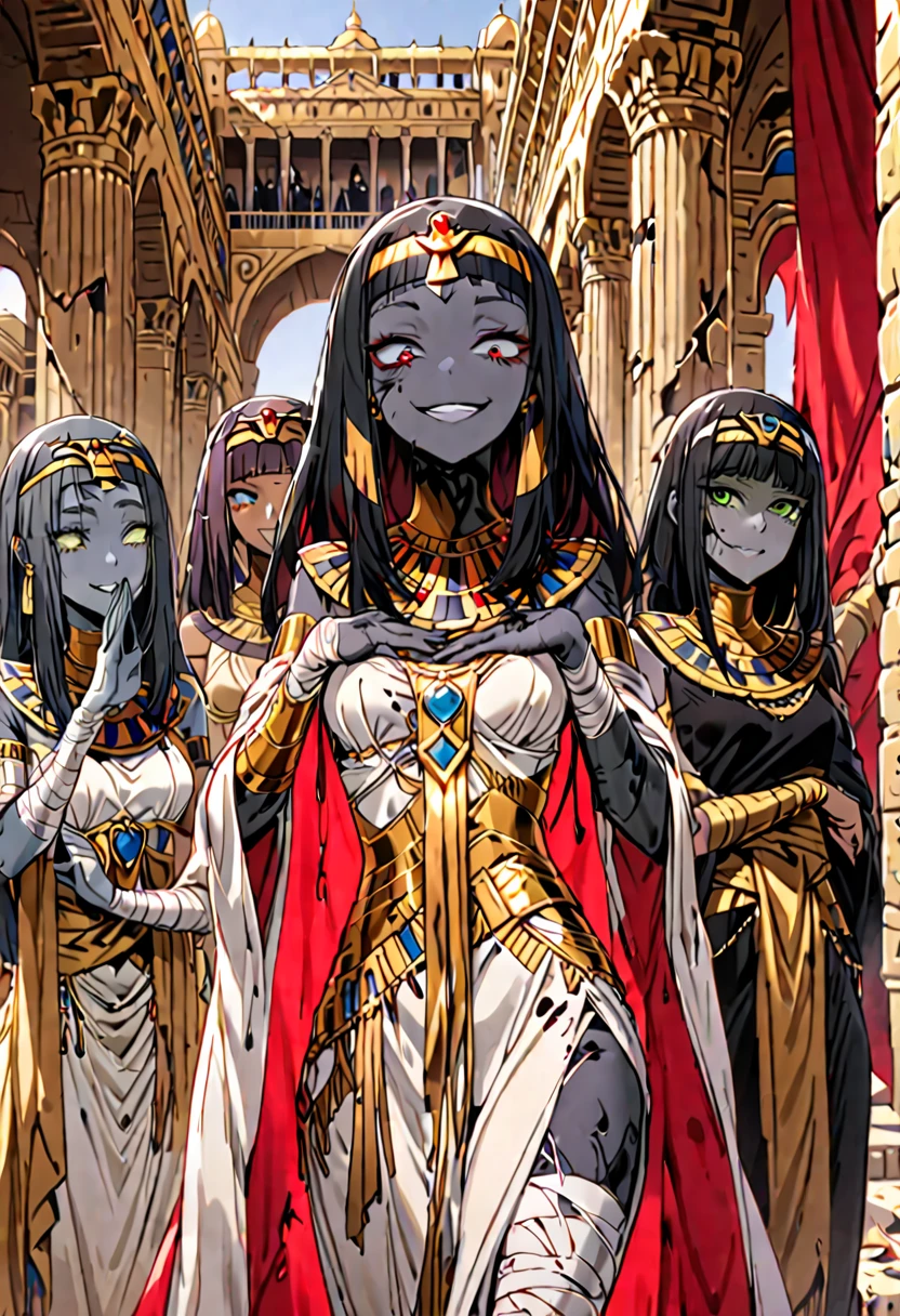 (mejor calidad), chica, fondo detallado egipcio, paisaje egipcio, chica egipcia, piel morena, ojos amarillos, peinado de cleopatra, pelo negro, tiara de oro con adorno de serpiente, buen cuerpo, pechos grandes, trasero grande, full body and black lingerie.