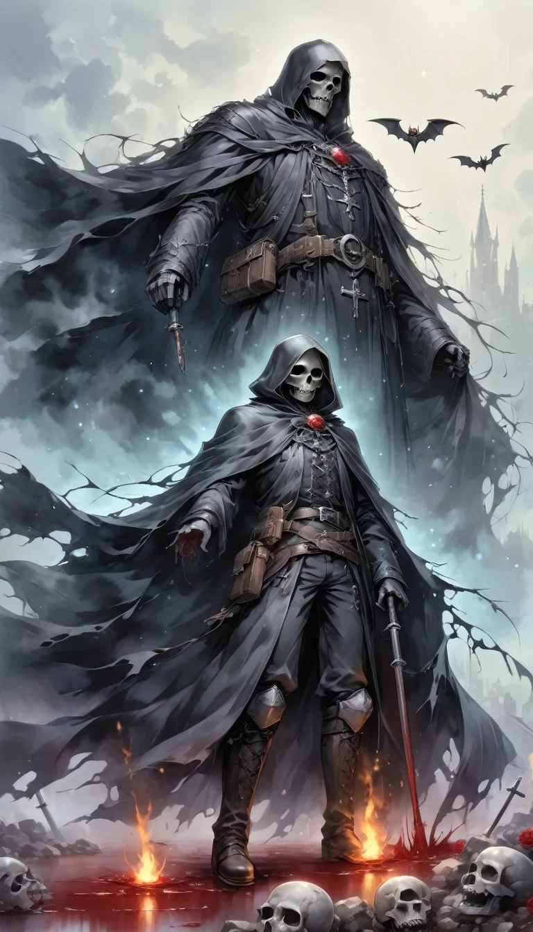 （Messenger from hell：1.4），Grim Reaper with a giant scythe，Viewpoint from below，hell，magma，flame，（Purple flame：1.3），There is fresh Blood on the ground，Blood pool，dripping Blood，Gothic aesthetics,bat、Rose、castle、cross、Blood、Churchyard, etc...，These elements reflect the mysterious feeling of Gothic style.、stately、Deep Functionality。Gothic style，Gothic style，on the theme of，cloak、Rose symbolizes romance、grave、Reaper、ruins、Gothic cathedrals, etc.,Common elements of Gothic symbols。