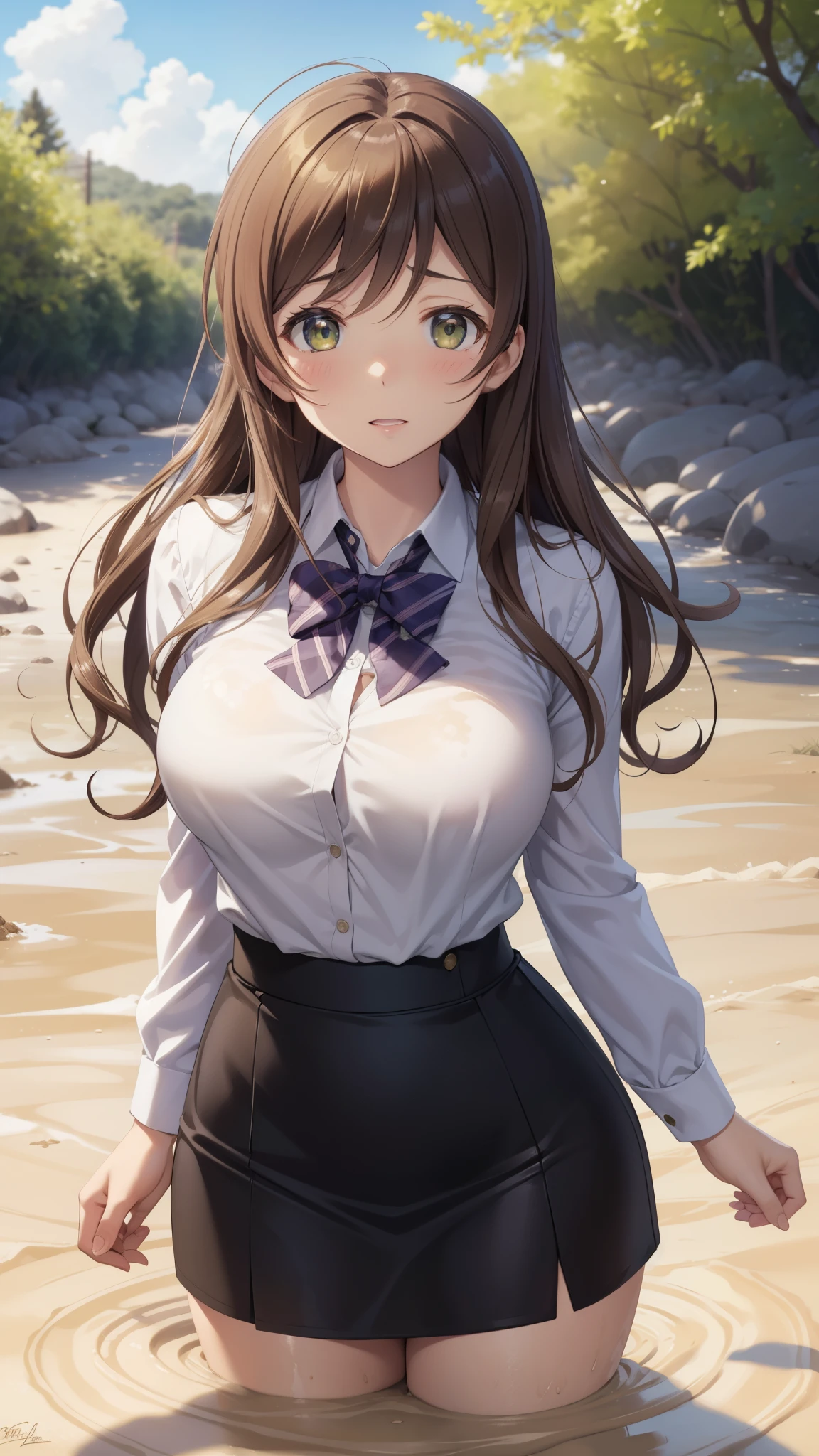 nozomitoujou, nozomi toujou, green eyes, brown hair, curly hair, large breasts, masterpiece, best quality, high resolution, beautiful detailed eyes, extremely detailed face, good lighting, detailed CG, messy hair, blouse, pencil skirt, upset,  school field, (quicksand:1.3)