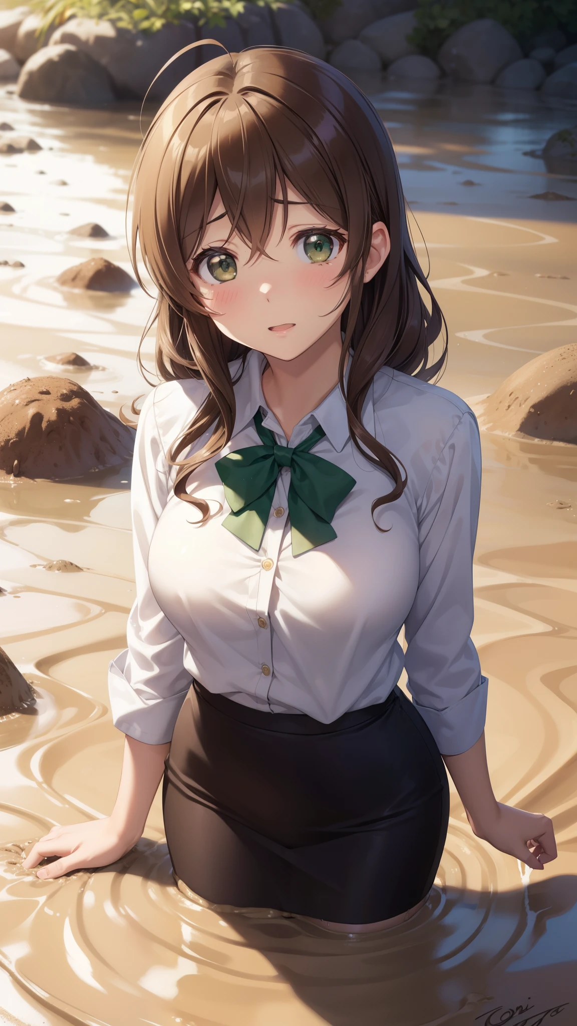 nozomitoujou, nozomi toujou, green eyes, brown hair, curly hair, large breasts, masterpiece, best quality, high resolution, beautiful detailed eyes, extremely detailed face, good lighting, detailed CG, messy hair, blouse, pencil skirt, upset,  school field, (quicksand:1.3)