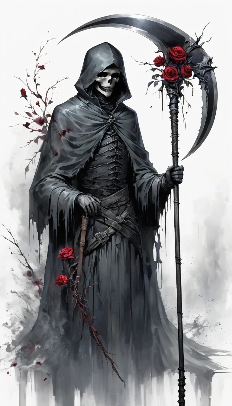 Grim Reaper holding a scythe,Gloomy eyes, Heqiang,Wilted roses,Withered Death,Simplicity,abstract,Gothic,Dark,Undead Bloodborne Art