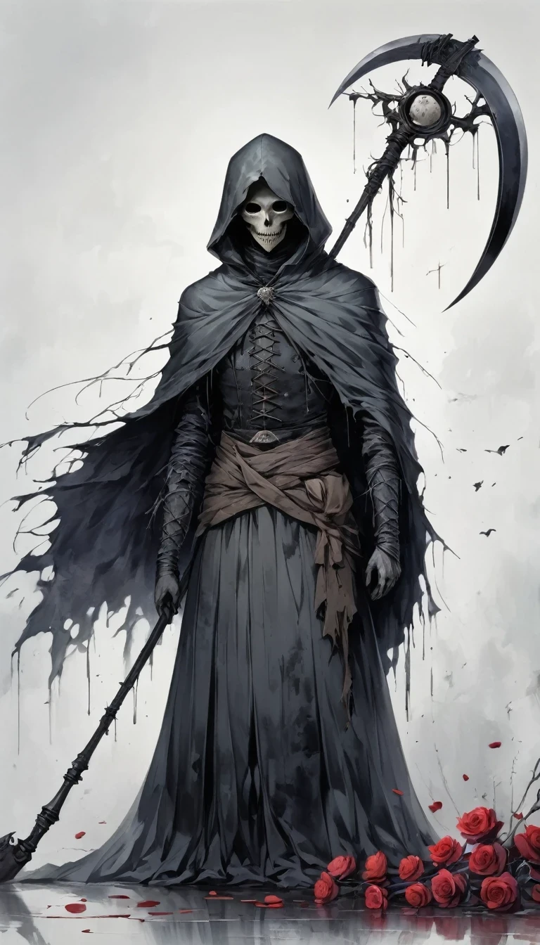 Grim Reaper holding a scythe,Gloomy eyes, Heqiang,Wilted roses,Withered Death,Simplicity,abstract,Gothic,Dark,Undead Bloodborne Art