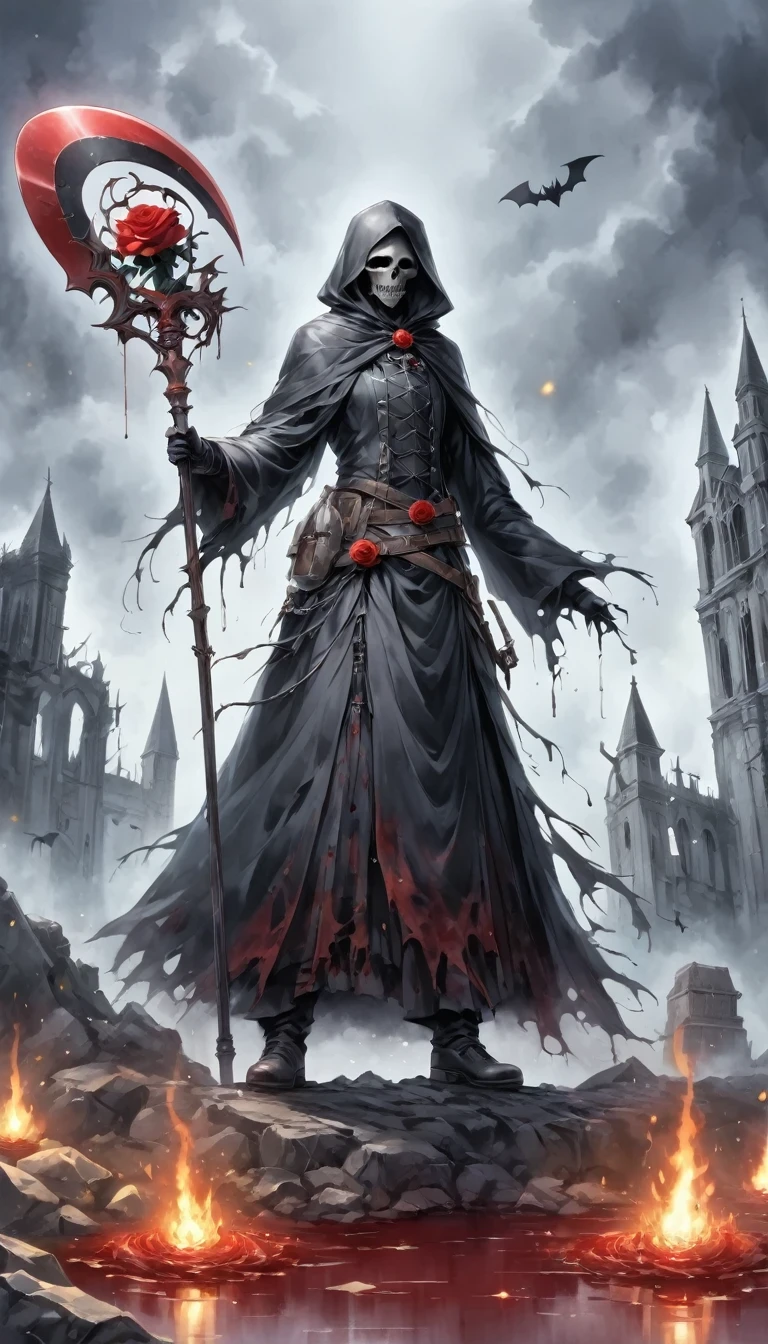(Messenger from hell:1.4),Grim Reaper with a giant scythe,Viewpoint from below,hell,magma,flame,(Purple flame:1.3),There is fresh Blood on the ground,Blood pool,dripping Blood,Gothic aesthetics,bat、Rose、castle、cross、Blood、Churchyard, etc...,These elements reflect the mysterious feeling of Gothic style.、stately、Deep Functionality。Gothic style,Gothic style,on the theme of,cloak、Rose symbolizes romance、grave、Reaper、ruins、Gothic cathedrals, etc.,Common elements of Gothic symbols。