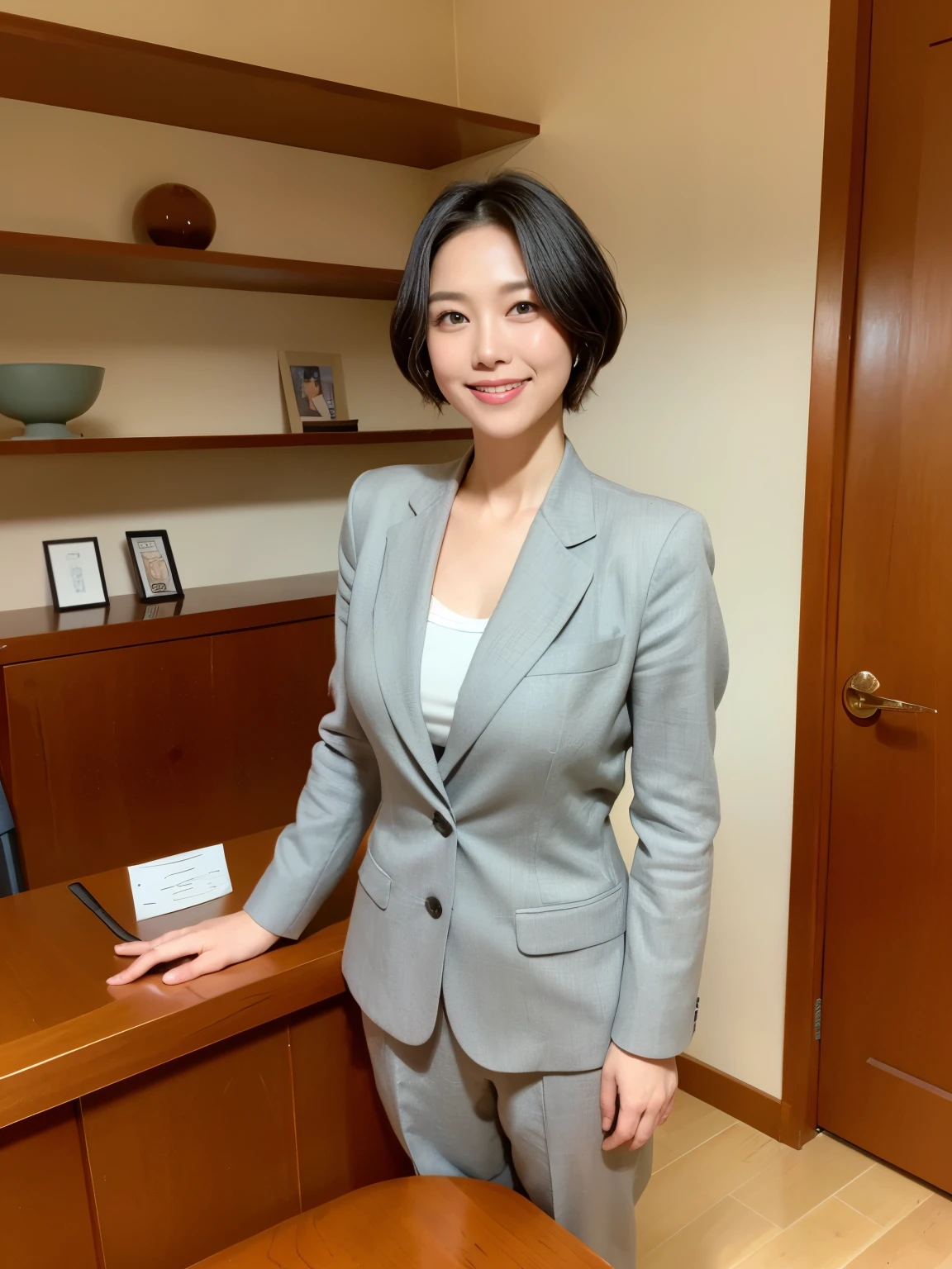 masterpiece,highest quality, (One mature woman、42 years old), Grey blazer, White shirt, double eyelid, eyelash, Lip gloss, (smile:1), ((近い your eyes:0.85)), ((Looking at the audience、Whole body image、Are standing)), to be born, (From above:0.2), ((no one)),Written boundary depth、尖ったRed Mouth、(Short black hair),Red Mouth,clavicle、Full body portrait、 (Realistic:1.3),(RAW Photos)、(Wooden furniture room:1.5)、(Wooden wall)、(Wooden floor)、(大きな机の前にAre standing)、(Wall-to-wall bookshelves、Legal Book)、(Slightly dim lighting)、