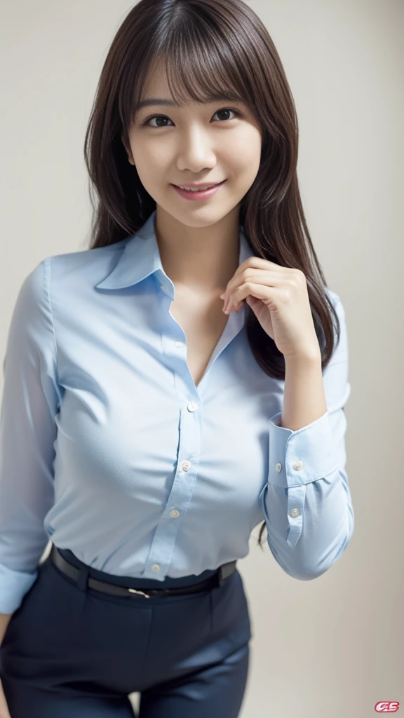 ((1 girl)), Very beautiful Japanese idol portraits, (RAW Photos, highest quality), (Realistic, Realistic:1.4), (masterpiece), Very delicate and beautiful, Very detailed, 2k wallpaper, wonderful, finely, Very detailed CG Unity 8K 壁紙, Very detailed, High resolution, Soft Light, Beautiful detailed girl, Very detailed目と顔, Beautiful and detailed nose, finelyて美しい目, Cinema Lighting, (Simple light color background:1.3), (Long Hair), (Parted bangs), Complete Anatomy, Slender body, Small , smile, ((Full body shot)), ((banker)), (business suit),(Panty l,Sexy pose,Vint,((secretary)),Slender,Long legs,