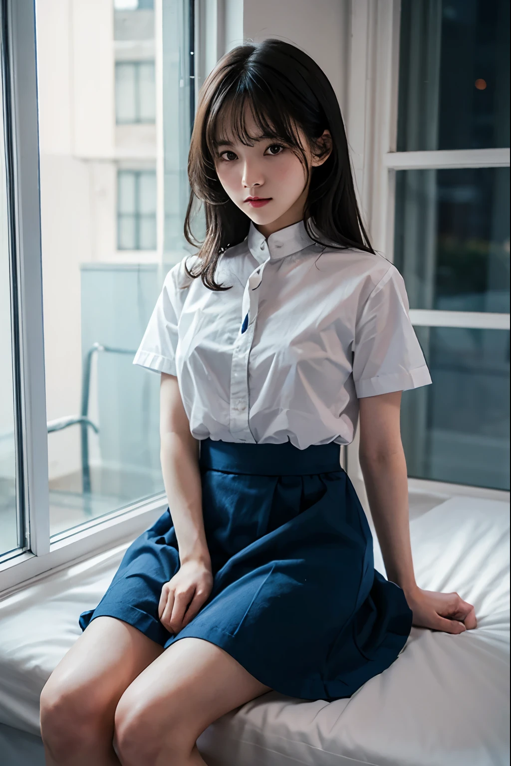 A cute girl is confined and tied up、A room with the lights on at night、White under the blue skirt、Red short sleeve shirt、Sit with your feet together and forward、Beauty、30 years old、Medium build、Outside the window is night、