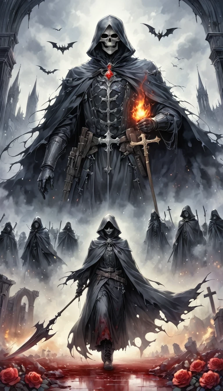(Messenger from hell:1.4),Grim Reaper with a giant scythe,Viewpoint from below,hell,magma,flame,(Purple flame:1.3),There is fresh Blood on the ground,Blood pool,dripping Blood,Gothic aesthetics,bat、Rose、castle、cross、Blood、Churchyard, etc...,These elements reflect the mysterious feeling of Gothic style.、stately、Deep Functionality。Gothic style,Gothic style,on the theme of,cloak、Rose symbolizes romance、grave、Reaper、ruins、Gothic cathedrals, etc.,Common elements of Gothic symbols。