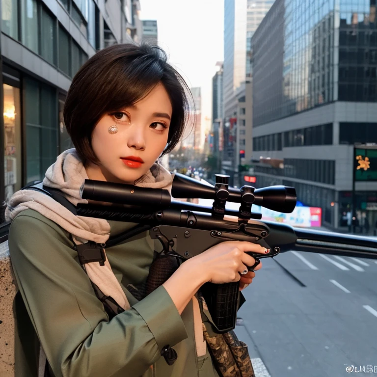 (((Accurate and detailed depiction of a sniper rifle:1.7))),(((Perfect Anatomy:1.4,Realistic:1.4,Raw photo:1.4,masterpiece、highest quality、Ultra - High resolution、High resolution、Extremely detailed CG、8k))),Cowboy Shot,1 female,alone、18 year old beauty,Japanese,((Beautiful and exquisite face and eyes:1.3,Big beautiful eyes:1.3,Grey Eyes)),Black Hair,Short Bob Hair,Blunt bangs,blush,(Medium chest,Slender body,Small Head:1.3,skinny),(Glowing Skin:1.4,Oily skin,Shiny skin),(White collared shirt、Pleated black mini skirt)、((Take a peek at the sights:1.5,Owns one sniper rifle:1.5))、Gun Sniper Stance:1.5、Kneel,Skyscraper rooftop、Tokyo、At night、moonlight,