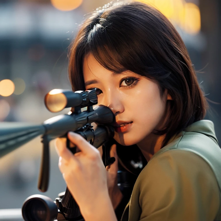 (Masterpiece),(of the highest quality),(high resolution),(Very detailed),a woman,black fur,short bob,pretty eyes,long eyelashes,beautiful hair,Beautiful skin,whole body,BREAK(((aim at something with a sniper rifle))),((Close one eye and look through the telescope.))(lying down),((Sniper's rifle)),Army camouflage uniform,bulletproof vest big breasts, combat boots, Tactical Forster,tactical headphones,(The background is a dense forest.),(((background blur))), seductive body, image from behind. Rear perspective, whole body.