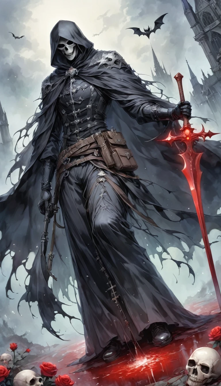 (Messenger from hell:1.4),Grim Reaper with a giant scythe,Viewpoint from below,hell,magma,flame,(Purple flame:1.3),There is fresh Blood on the ground,Blood pool,dripping Blood,Gothic aesthetics,bat、Rose、castle、cross、Blood、Churchyard, etc...,These elements reflect the mysterious feeling of Gothic style.、stately、Deep Functionality。Gothic style,Gothic style,on the theme of,cloak、Rose symbolizes romance、grave、Reaper、ruins、Gothic cathedrals, etc.,Common elements of Gothic symbols。