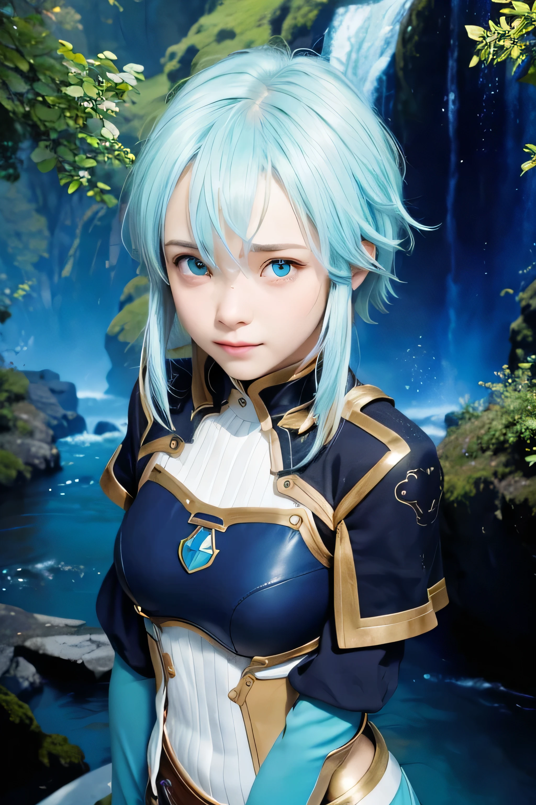 masterpiece, best quality, (realistic,photo-realistic:1.4), (RAW photo:1.2), extremely detailed CG unity 8k wallpaper, delicate and beautiful, amazing,finely detail, official art, absurdres, incredibly absurdres, huge filesize, ultra-detailed,extremely detailed eyes and face,light on face,sinon,(little smile),(cyan hair:1.4),(short hair:1.6),(wearing blue armor:1.4),river background