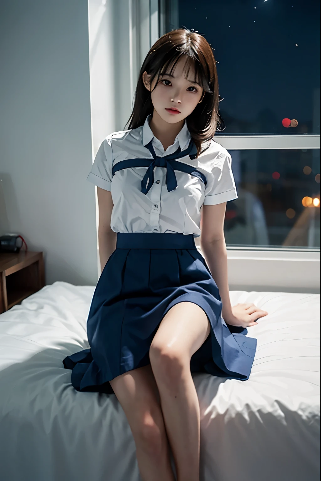 A cute girl is confined and tied up、A room with the lights on at night、White under the blue skirt、Red short sleeve shirt、Sit with your feet together and forward、Beauty、30 years old、Medium build、Outside the window is night、