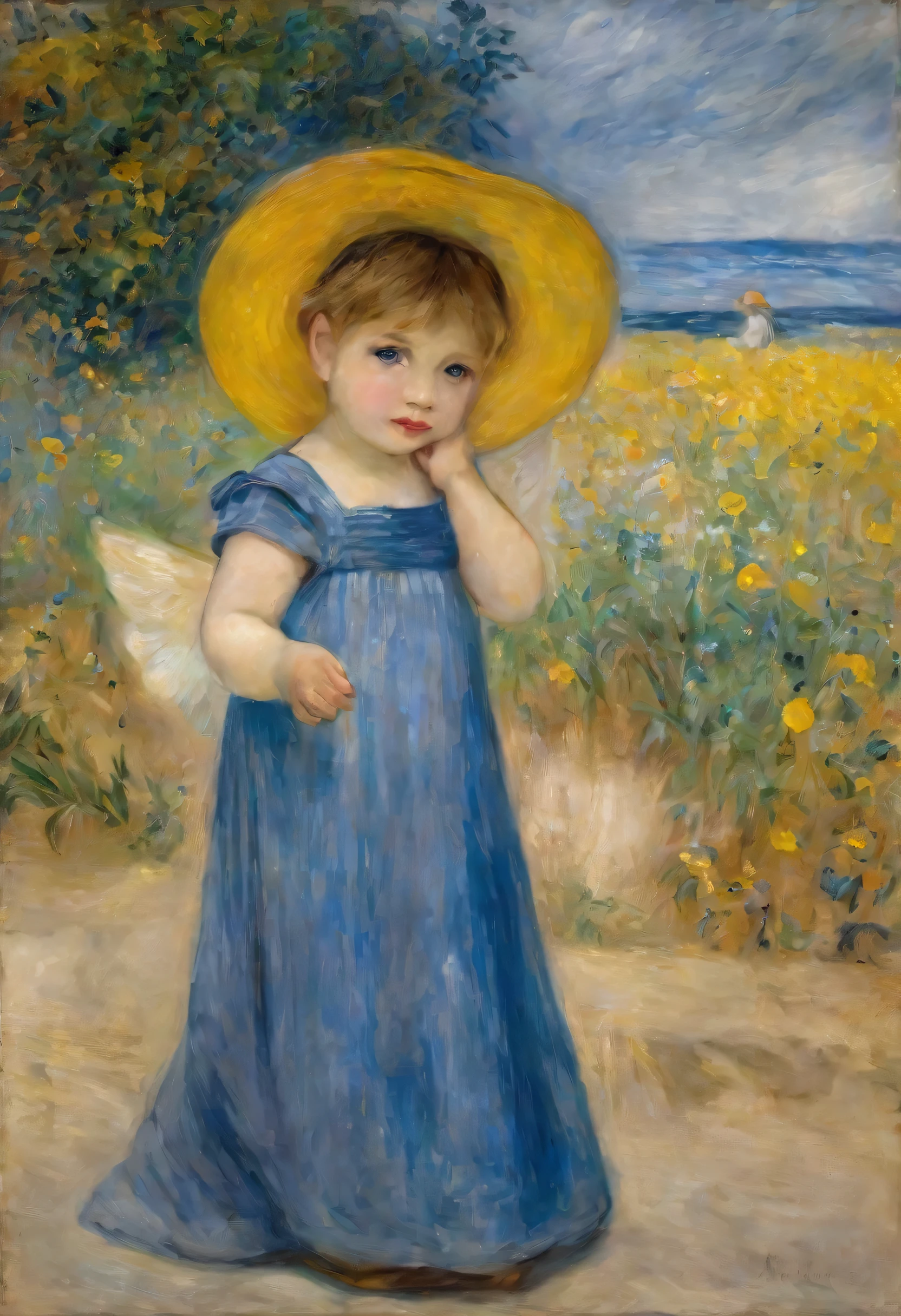 pintura de um anjo lindo, com asas grandes, sentado em uma pedra, olhando os campos floridos, vestido roupas ricas azul-amarelo-dourado, ith details, high definition, renoir, estilo impressionista,renoir, van gogh, monet