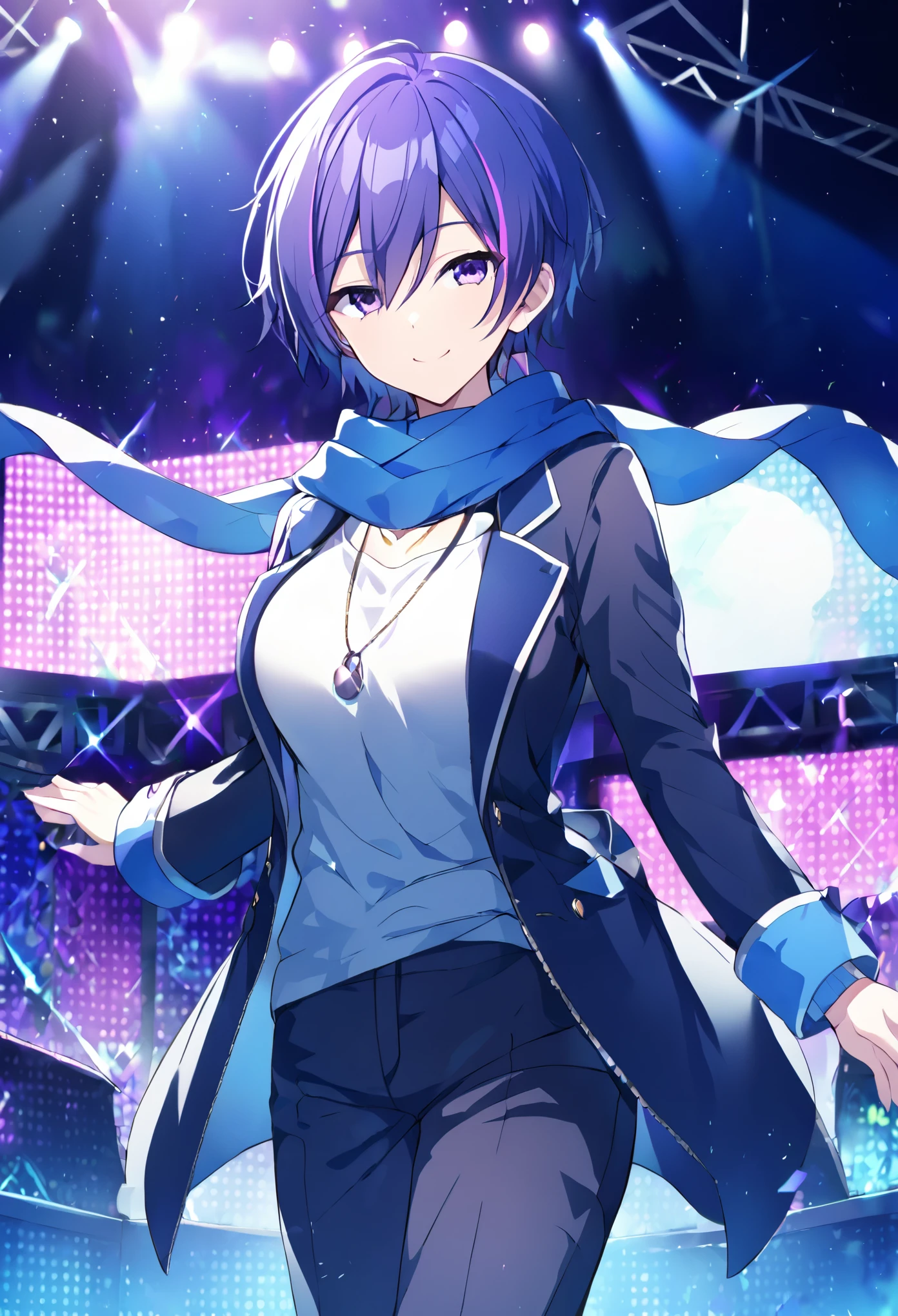 kaito, two-toned hair, blue hair, purple hair, purple eyes, scarf, necklace, , COAT, PANTS,, live stage, large breasts, 1girl, smile, solo